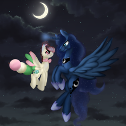 Size: 1575x1575 | Tagged: safe, artist:c0smiic, imported from derpibooru, princess luna, oc, canon x oc, female, flying, lesbian, magic, night, shipping