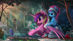 Size: 2800x1576 | Tagged: safe, artist:yakovlev-vad, imported from derpibooru, lotus blossom, princess cadance, princess celestia, princess luna, twilight sparkle, alicorn, duck pony, earth pony, pony, angry, bath, bathing, bottle, butler, crepuscular rays, cute, cutedance, detailed, female, fluffy, glasses, grin, height difference, help me, hoof hold, hot springs, inanimate tf, lidded eyes, mare, outdoors, pond, rubber duck, scenery porn, sitting, slim, smiling, soap, spa, spread wings, squeak, squee, steam, swanlestia, swanlight sparkle, swanluna, sweatdrop, transformation, tree, water, wavy mouth, wet, wet mane, what has magic done, what has science done, wide eyes