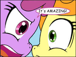 Size: 526x394 | Tagged: safe, artist:tikyotheenigma, imported from derpibooru, berry punch, berryshine, carrot top, golden harvest, amazing horse, cropped, reaction image