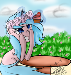 Size: 2000x2100 | Tagged: safe, artist:scarlett-letter, imported from derpibooru, cupcake, cute, eyes on the prize, floral head wreath, flower, grin, happy, leaning, levitation, magic, sky, smiling, solo, squee, squishy cheeks, sun, telekinesis