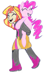 Size: 380x601 | Tagged: safe, artist:junky rat, imported from derpibooru, pinkie pie, sunset shimmer, equestria girls, piggyback ride, pinkie pie riding sunset shimmer, ponies riding humans, riding