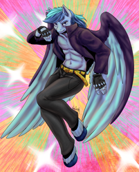 Size: 2277x2829 | Tagged: safe, artist:aphexangel, imported from derpibooru, oc, oc:umami stale, anthro, pegasus, unguligrade anthro, anthro oc, bare chest, clothes, crossover, jojo's bizarre adventure, topless