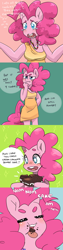 Size: 1000x4000 | Tagged: safe, artist:lucidlarceny, imported from derpibooru, pinkie pie, anthro, earth pony, cake, clothes, comic, dress, female, solo, thinking