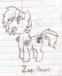 Size: 794x973 | Tagged: safe, artist:chronicle23, imported from derpibooru, oc, oc only, oc:zap record, earth pony, pony, female, hair over eyes, headphones, lined paper, mare, monochrome, pencil drawing, solo, traditional art