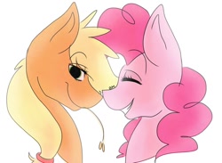 Size: 1024x751 | Tagged: safe, artist:misocosmis, imported from derpibooru, applejack, pinkie pie, applepie, female, lesbian, shipping, smiling, straw