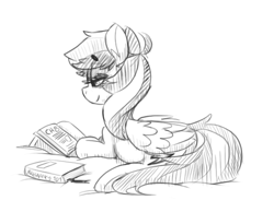 Size: 580x450 | Tagged: source needed, safe, artist:xieril, imported from derpibooru, rainbow dash, pegasus, pony, beanbrows, blushing, book, butt, eyebrows, eyebrows visible through hair, female, folded wings, grayscale, lidded eyes, lying down, mare, monochrome, plot, pregnant, prone, reading, sketch, solo, wings