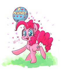 Size: 942x1100 | Tagged: source needed, safe, artist:xieril, imported from derpibooru, pinkie pie, balloon, blushing, female, heart, heart eyes, looking at you, pregnant, solo, wingding eyes