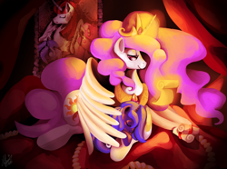 Size: 1024x761 | Tagged: safe, artist:shivall, imported from derpibooru, princess celestia, princess luna, filly, hug, momlestia fuel, pink-mane celestia, royal sisters, size difference, sweet dreams fuel, winghug, woona, younger