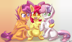 Size: 2000x1159 | Tagged: safe, artist:sintakhra, imported from derpibooru, apple bloom, scootaloo, sweetie belle, earth pony, pegasus, pony, unicorn, colored pupils, cutie mark crusaders, female, filly, gradient background, sitting, unshorn fetlocks