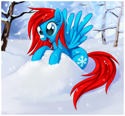 Size: 3060x2851 | Tagged: safe, artist:centchi, imported from derpibooru, oc, oc only, oc:icicle blaze, pegasus, pony, female, happy, looking down, mare, open mouth, outdoors, smiling, snow, snowfall, solo, spread wings, tree, wings