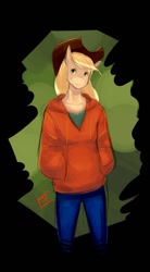 Size: 709x1280 | Tagged: safe, artist:kar0th, imported from derpibooru, applejack, anthro, earth pony, clothes, female, hoodie, mare, solo, sweater