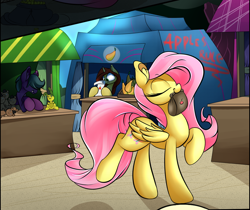 Size: 1024x859 | Tagged: safe, artist:madacon, imported from derpibooru, fluttershy, cropped, eyes closed, female, five nights at freddy's, frown, hilarious in hindsight, mouth hold, plushie, plushtrap, purple man (fnaf), raised hoof, raised leg, smiling, springtrap, wide eyes