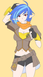 Size: 1280x2297 | Tagged: safe, artist:jonfawkes, imported from derpibooru, vinyl scratch, human, belly button, belt, breasts, busty vinyl scratch, cleavage, clothes, cosplay, elf ears, female, gloves, humanized, looking at you, midriff, rwby, scarf, shorts, smiling, solo, yang xiao long