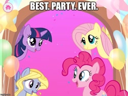 Size: 666x500 | Tagged: safe, imported from derpibooru, fluttershy, lily blossom, pinkie pie, twilight sparkle, alicorn, pony, app, caption, female, friendship celebration, game, image macro, mare, meme, one of these things is not like the others, party, twilight sparkle (alicorn)