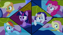 Size: 1920x1080 | Tagged: safe, imported from derpibooru, screencap, applejack, fluttershy, pinkie pie, rainbow dash, rarity, twilight sparkle, alicorn, do princesses dream of magic sheep, bed, female, mane six, sleep mask, twilight sparkle (alicorn), waking