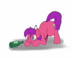 Size: 1280x1024 | Tagged: safe, artist:i am nude, imported from derpibooru, oc, oc only, oc:top shelf, pony, alcohol, bent over, bottle, drunk, solo