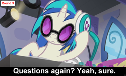 Size: 1600x973 | Tagged: safe, imported from derpibooru, dj pon-3, vinyl scratch, pony, unicorn, comic:celestia's servant interview, caption, cs captions, female, headphones, interview, mare, solo, sunglasses