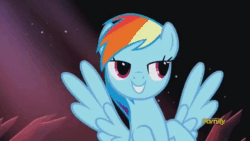 Size: 640x360 | Tagged: safe, imported from derpibooru, screencap, rainbow dash, changeling, do princesses dream of magic sheep, animated, discovery family logo, fight, flying, knock out, like a boss, offhand backhand, smirk, talking