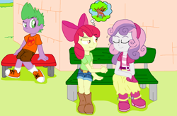 Size: 5608x3680 | Tagged: safe, artist:tagman007, imported from derpibooru, apple bloom, spike, sweetie belle, equestria girls, boots, human spike, shoes, snare trap, thought bubble, upside down