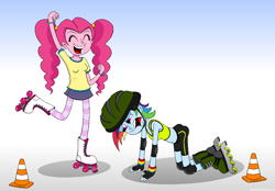 Size: 1150x800 | Tagged: safe, artist:hellarmy, imported from derpibooru, pinkie pie, rainbow dash, equestria girls, belly button, clothes, denim skirt, duo, helmet, knee pads, midriff, roller skates, rollerblades, skirt, tanktop