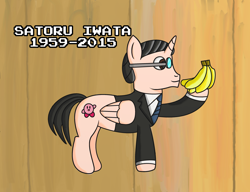 Size: 3320x2552 | Tagged: safe, artist:saburodaimando, imported from derpibooru, oc, oc only, alicorn, pony, alicorn oc, banana, kirby, kirby (character), kirby (series), nintendo, ponified, rest in peace, satoru iwata, solo