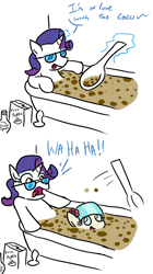 Size: 838x1494 | Tagged: safe, artist:jargon scott, imported from derpibooru, coco pommel, rarity, earth pony, pony, unicorn, 2 panel comic, bath, bathtub, cereal, chocolate syrup, cocoa puffs, comic, dialogue, glasses, magic, pun, shipping denied, spoon, startled, sunglasses, telekinesis, vine video, wahaha