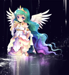 Size: 3500x3800 | Tagged: safe, artist:rurucreations, artist:rurutia8, imported from derpibooru, princess celestia, human, anime, chibi, clothes, colored pupils, crown, cute, cutelestia, dress, female, gloves, humanized, jewelry, off shoulder, regalia, solo, spread wings, winged humanization, wings