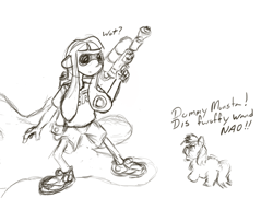 Size: 1290x934 | Tagged: safe, artist:fluffsplosion, imported from derpibooru, fluffy pony, inkling, confused, fluffy pony drowns, glare, impending doom, monochrome, open mouth, sketch, smarty friend, splatoon, splattershot, stupidity, this will end in ink, this will end in splat, this will end in tears and/or death