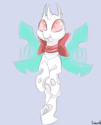 Size: 800x989 | Tagged: safe, artist:[redacted], imported from derpibooru, oc, oc only, changeling, albino, albino changeling, flying, ribbon, simple background, solo