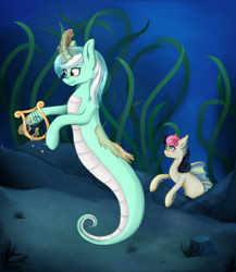 Size: 2000x2300 | Tagged: safe, artist:mailner, imported from derpibooru, bon bon, lyra heartstrings, sweetie drops, merpony, blushing, duo, heart eyes, lyre, magic, seapony bon bon, seapony lyra, species swap, telekinesis, underwater, wingding eyes