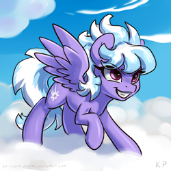 Size: 1500x1500 | Tagged: safe, artist:kp-shadowsquirrel, imported from derpibooru, cloudchaser, pegasus, pony, cloud, cloudy, female, grin, mare, raised hoof, smiling, solo, spread wings