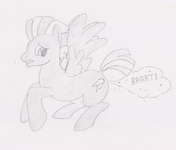 Size: 2514x2144 | Tagged: safe, artist:ponysubmarine, imported from derpibooru, thunderlane, pegasus, pony, embarrassed, fart, fart noise, flying, male, monochrome, onomatopoeia, solo, sound effects, stallion, traditional art