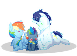 Size: 750x550 | Tagged: safe, artist:craftedfun3, imported from derpibooru, rainbow dash, soarin', oc, oc:thunder, blushing, clothes, colt, male, offspring, old cutie mark, parent:rainbow dash, parent:soarin', parents:soarindash, scarf, shipping, soarindash, straight