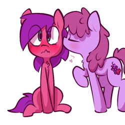 Size: 600x600 | Tagged: safe, artist:whydomenhavenipples, imported from derpibooru, berry punch, berryshine, oc, oc:top shelf, earth pony, pony, canon x oc, cheek kiss, chest fluff, female, heart, kiss on the cheek, kissing, lesbian, shipping, simple background, white background