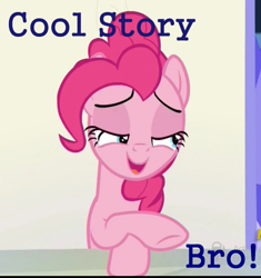 Size: 640x682 | Tagged: safe, artist:slb94, edit, edited screencap, imported from derpibooru, screencap, pinkie pie, party pooped, caption, cool story bro, image macro, text