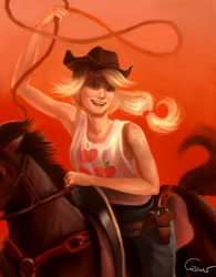 Size: 600x771 | Tagged: safe, artist:agataczerw, imported from derpibooru, applejack, horse, human, armpits, gun, humanized, lasso