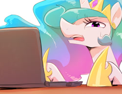 Size: 626x485 | Tagged: dead source, safe, artist:sunibee, imported from derpibooru, princess celestia, alicorn, pony, 2015, annoyed, computer, female, laptop computer, mare, open mouth, reaction image, simple background, solo, sweat, white background