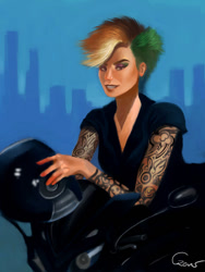 Size: 600x796 | Tagged: safe, artist:agataczerw, imported from derpibooru, rainbow dash, human, humanized, motorcycle, tattoo