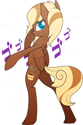 Size: 2048x3062 | Tagged: safe, artist:emkay-mlp, imported from derpibooru, oc, oc only, oc:mocha creme, pegasus, pony, bipedal, birthmark, japanese, joestar birthmark, jojo pose, jojo's bizarre adventure, male, menacing, simple background, solo, transparent background, trap, vector, ゴ ゴ ゴ