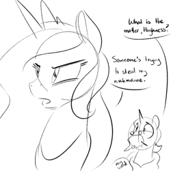 Size: 700x700 | Tagged: safe, artist:goat train, imported from derpibooru, kibitz, princess celestia, dialogue, monochrome, sketch