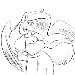 Size: 700x700 | Tagged: safe, artist:goat train, imported from derpibooru, princess celestia, anthro, breasts, busty princess celestia, clothes, dress, female, monochrome, smiling, solo