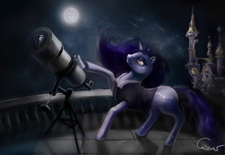 Size: 1024x704 | Tagged: safe, artist:agataczerw, imported from derpibooru, oc, oc only, pony, unicorn, castle, mare in the moon, moon, night, solo, telescope