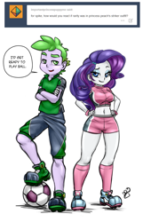 Size: 700x1089 | Tagged: safe, artist:pia-sama, imported from derpibooru, rarity, spike, equestria girls, ask, belly button, clothes, cosplay, female, football, human spike, male, mario strikers, midriff, shipping, sparity, straight, super mario bros., super mario strikers, tumblr