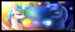 Size: 4600x2000 | Tagged: dead source, safe, artist:poisindoodles, imported from derpibooru, princess celestia, princess luna, alicorn, pony, coffee, female, tea