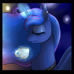 Size: 3500x3500 | Tagged: dead source, safe, artist:poisindoodles, imported from derpibooru, princess luna, alicorn, pony, bust, ear piercing, eyes closed, female, mug, piercing, solo