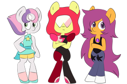 Size: 2100x1400 | Tagged: dead source, safe, artist:archerinblue, imported from derpibooru, apple bloom, scootaloo, sweetie belle, anthro, unguligrade anthro, amethyst, amethyst (steven universe), crystal gems, cutie mark crusaders, garnet (steven universe), gem, missing horn, pearl, pearl (steven universe), quartz, steven universe, wingless