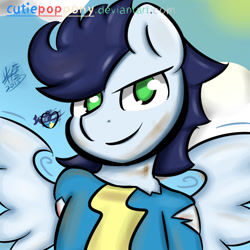 Size: 800x800 | Tagged: safe, artist:cutiepoppony, imported from derpibooru, soarin', 2015, blood, clothes, cloud, sky, sun