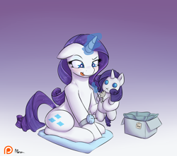 Size: 1500x1325 | Tagged: safe, artist:alasou, imported from derpibooru, rarity, :p, female, floppy ears, glowing horn, implied spike, levitation, magic, needle, patreon, patreon logo, pillow, pincushion, plushie, rarara, rarity plushie, sewing, sitting, solo, telekinesis, tongue out