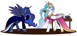 Size: 1280x609 | Tagged: safe, artist:hellonurse, imported from derpibooru, princess celestia, princess luna, :t, blushing, cake, cakelestia, clothes, dress, frown, hoof hold, laughing, pie, raised hoof, smiling, spread wings, wardrobe malfunction