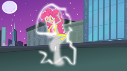 Size: 1279x719 | Tagged: safe, artist:darktailsko, imported from derpibooru, fili-second, pinkie pie, equestria girls, equestrian city, female, maretropolis, power ponies, redesign, solo, superhero, superhero humanized